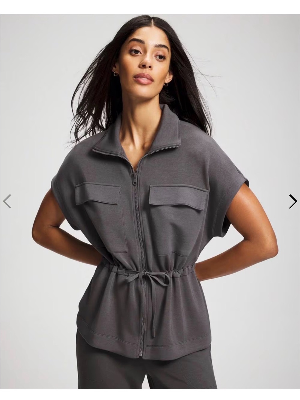 Soma Charcoal Zip-Front Short Sleeve Drawstring Top